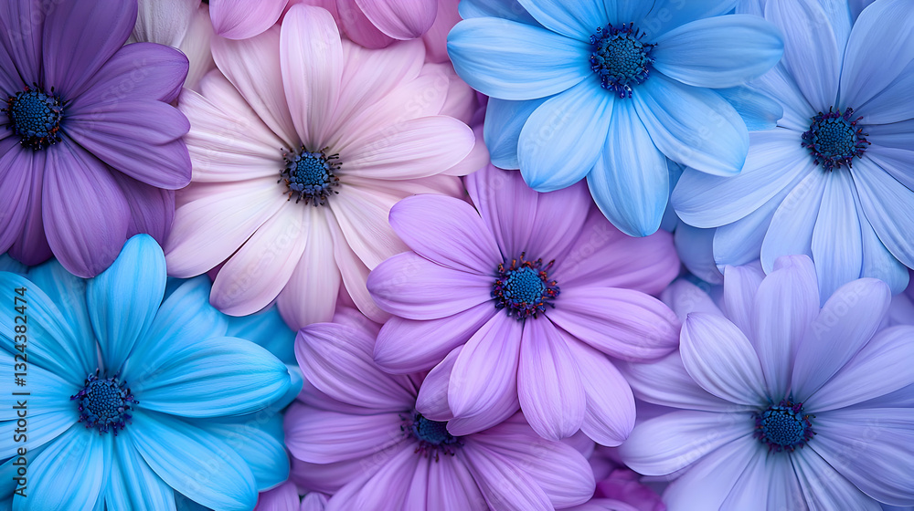Close Up View of a Floral Display Featuring Purple Pink and Blue Flowers with Dark Centers on a Light Background Close Up View of a Floral Display Featuring Purple Pink and Blue Flowers with Dark Centers on a Light Background