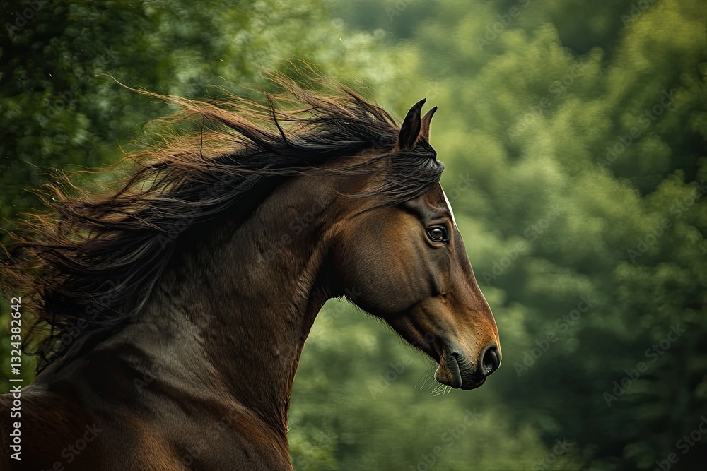 Obraz premium Bay horse depicted on a green background. Trakehner horse, mane flowing, running in the open