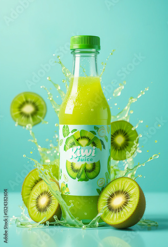 Bottle of fresh kiwi juice with kiwi slices and juice splashes. Generation AI