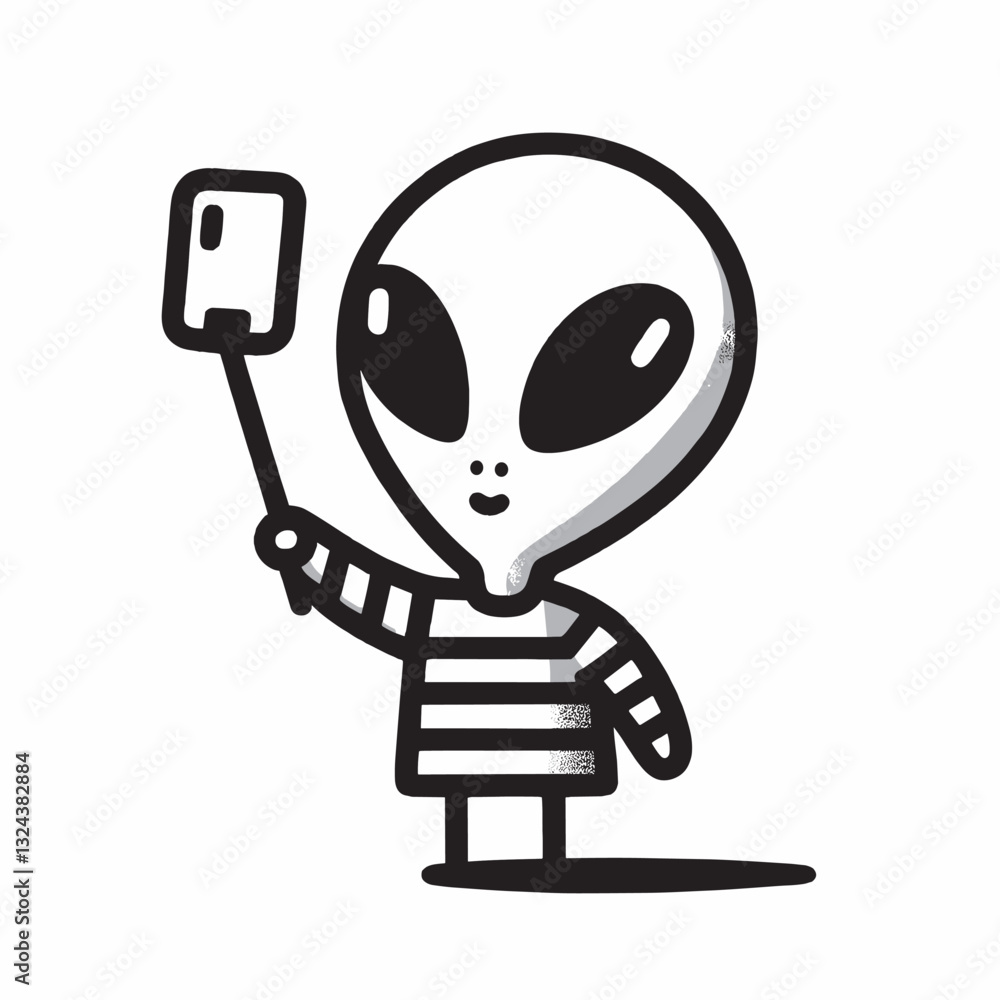Alien Taking Selfie Line Art Illustration with Striped Shirt Alien Taking Selfie Line Art Illustration with Striped Shirt