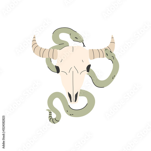 Abstract cow skull boho illustration. Bull character in cartoon style. Mystical concept with Bull skull and stars for sticker print design, logo, icon, T-shirt, hoodie fashion design. Vector art