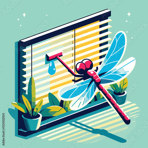 Dragonfly Washing Window Surreal Nature Meets Household Task - Vibrant, Modern Flat Illustration