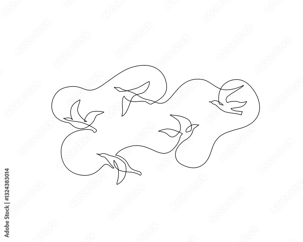 Abstract flying birds continuous line drawing isolated on white background. Freedom concept. Bird silhouettes of pigeons, doves one line art. Vector illustration for minimal poster, template, print Abstract flying birds continuous line drawing isolated on white background. Freedom concept. Bird silhouettes of pigeons, doves one line art. Vector illustration for minimal poster, template, print