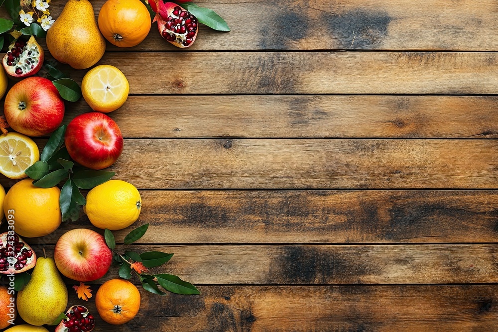 Pumpkin, pears, apples, pine cones, and leaves set on a wooden background for autumn harvest. Copy space, top view Pumpkin, pears, apples, pine cones, and leaves set on a wooden background for autumn harvest. Copy space, top view