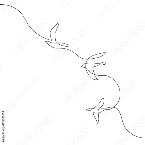 Abstract flying birds continuous line drawing isolated on white background. Freedom concept. Bird silhouettes of pigeons, doves one line art. Vector illustration for minimal poster, template, print