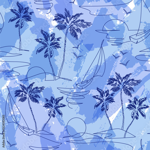 One line drawing tropical oasis island seamless pattern. Abstract sunset, mountains, coconut palm tree landscape continuous art. Vector illustration for minimal fabric, print, background