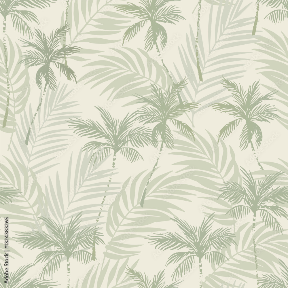 Abstract coconut trees on palm leaves seamless pattern. Abstract tropical foliage background in pastel olive green colors. Vector illustration for minimal fabric, print, background Abstract coconut trees on palm leaves seamless pattern. Abstract tropical foliage background in pastel olive green colors. Vector illustration for minimal fabric, print, background