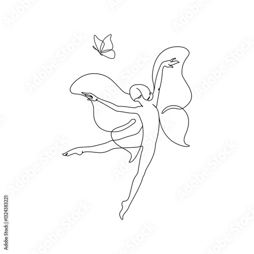 Elegant motion continuous line art drawing of butterfly fairy dancing. Beautiful woman and butterfly freedom concept. Minimal poster print art. Trendy one line draw design vector graphic illustration