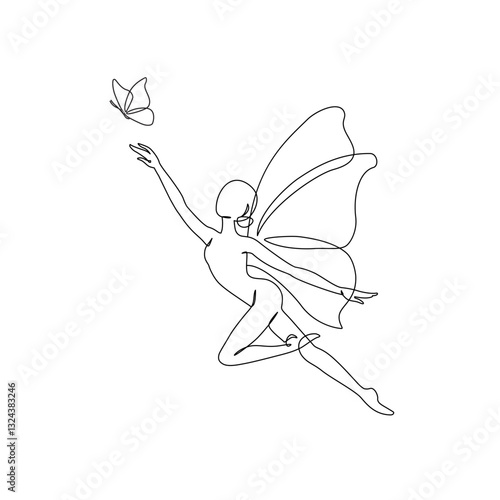 Elegant motion continuous line art drawing of butterfly fairy dancing. Beautiful woman and butterfly freedom concept. Minimal poster print art. Trendy one line draw design vector graphic illustration