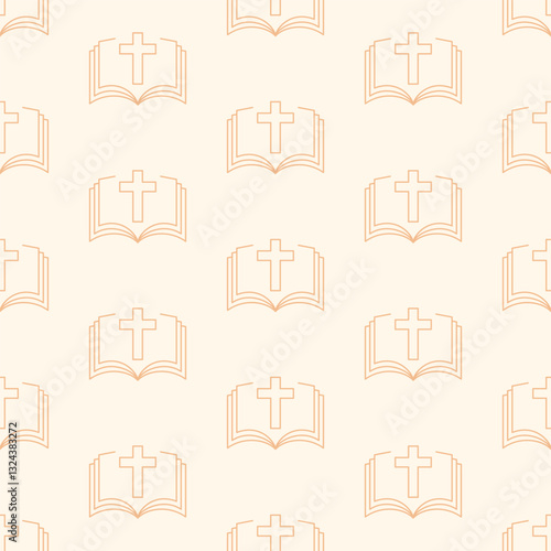 Minimalist vector seamless pattern with cross and bible. Beige religious background with linear elements