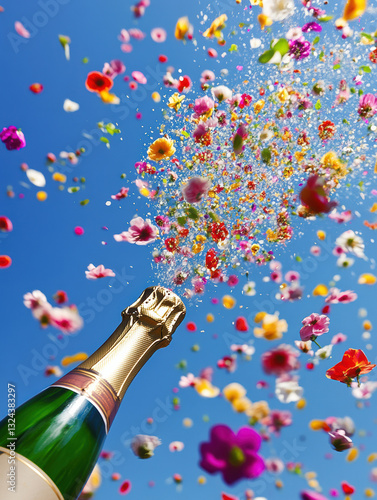 Colorful flower petals burst from champagne bottle in bright blue sky during outdoor celebration