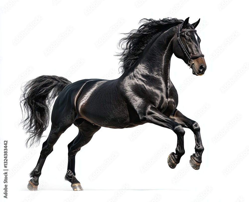 The rearing Black Andalusian horse is featured isolated on a white background The rearing Black Andalusian horse is featured isolated on a white background