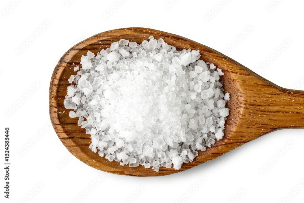 Top view of salt crystals powder on wooden spoon white background isolate with clipping path Top view of salt crystals powder on wooden spoon white background isolate with clipping path