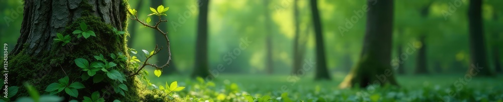 Twisted evergreen vine attached to tree in forest, woods, foliage Twisted evergreen vine attached to tree in forest, woods, foliage