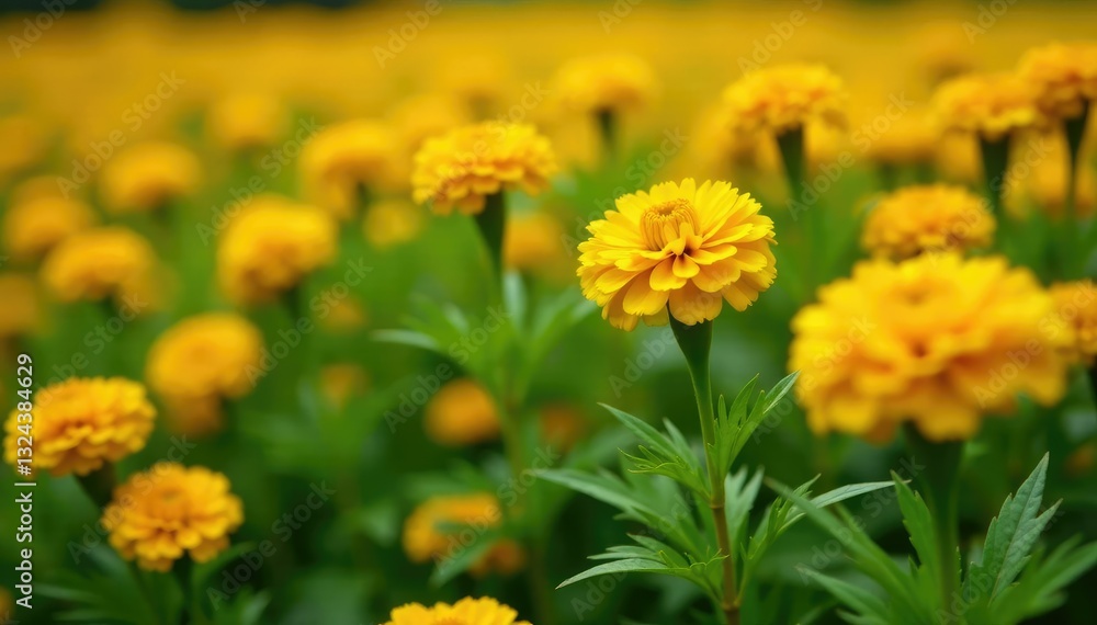 Bright and cheerful marigolds in full bloom amidst a sea of green foliage, yellow flowers, blooms Bright and cheerful marigolds in full bloom amidst a sea of green foliage, yellow flowers, blooms