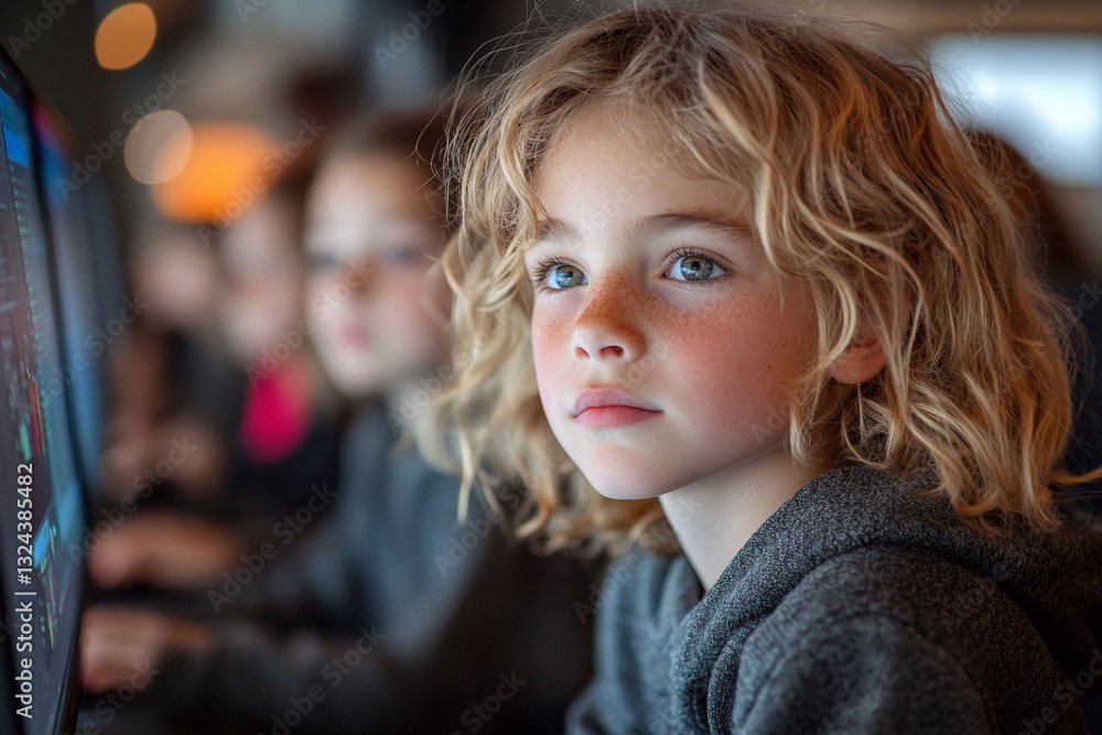 Obraz premium Young child with curly hair focused on computer screen in a busy learning environment
