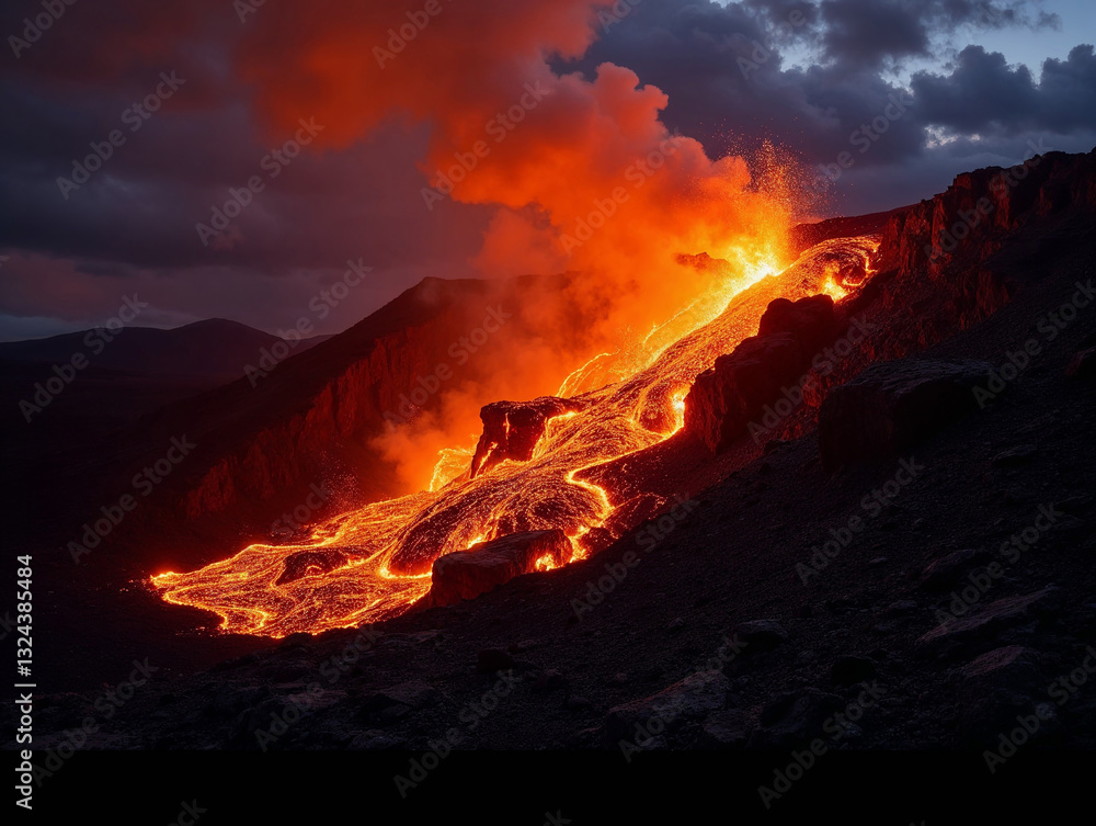Fototapeta premium Molten lava flowing down volcanic slope with bright orange glow and smoke