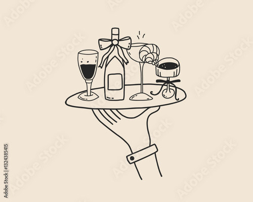 Line art waiter hand with food tray isolated. Coquette whimsical hand drawn restaurant dish serve. Catering service drawing. Vector outline illustration