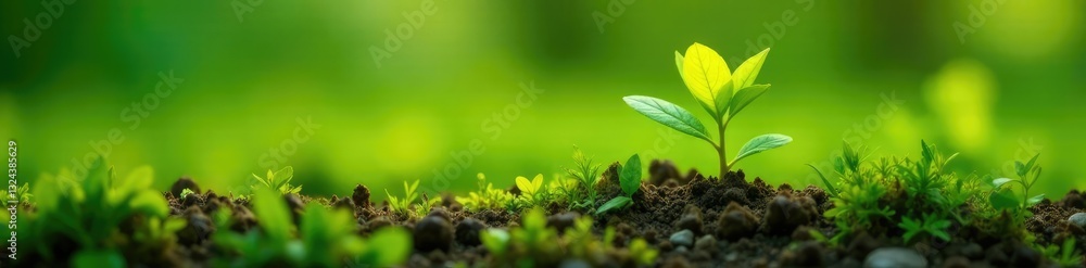 Obraz premium Yellow flat weed growing in a green soil patch, green, yellow, nature