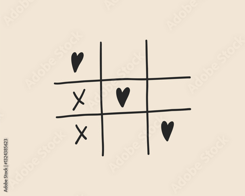 Line art Valentine love tic tac toe game. Coquette whimsical heart doodle X-O children game. Noughts and win. Vector outline illustration