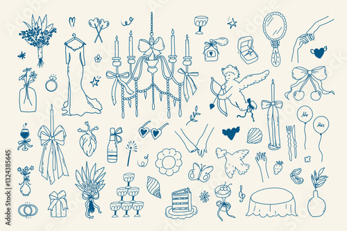 Set of line art wedding icon isolated. Whimsical coquette trendy hand drawn valentine doodle sketch. Vintage amore angel quirky bow, party menu, dinner card. Vector outline illustration
