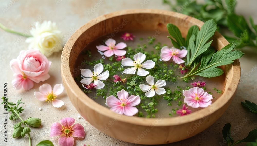 Wooden bowl filled with warm water, pink and white flowers, green herbs. Natural wellness treatment, relaxing spa floral foot bath. Aromatherapy liquid for refreshment, skincare and beauty. Wooden bowl filled with warm water, pink and white flowers, green herbs. Natural wellness treatment, relaxing spa floral foot bath. Aromatherapy liquid for refreshment, skincare and beauty.