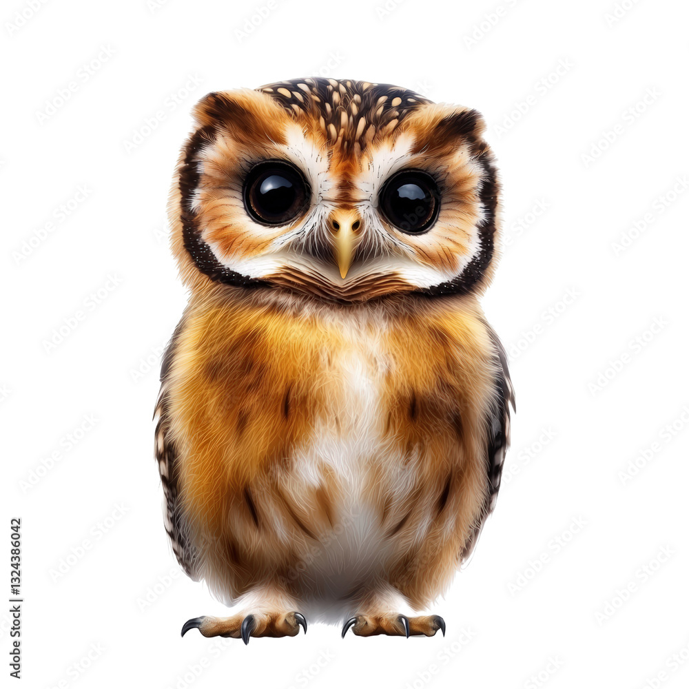 Naklejka premium Majestic owl with big expressive eyes perched on a branch surrounded by lush green foliage in natural habitat isolated on a white background.