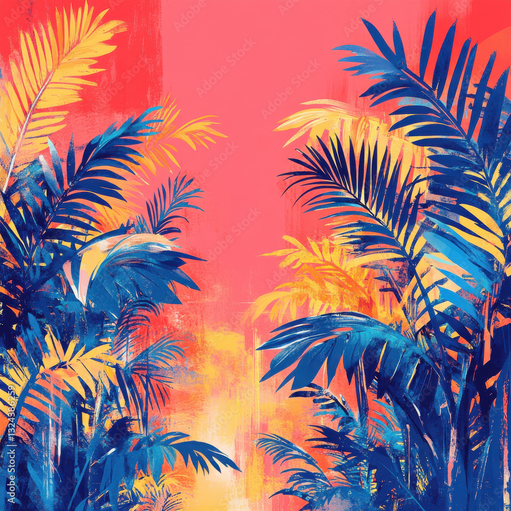 Obraz premium Vibrant tropical foliage with bold colors and sunset inspired background