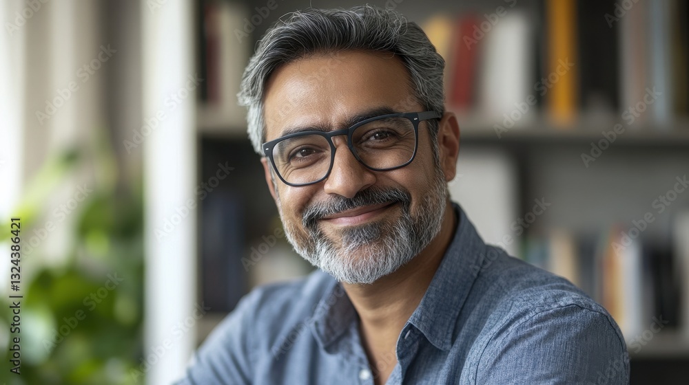 Smiling mature indian man wearing spectacles and looking at camera. Middle eastern confident businessman at office. Portrait of successful mid entrepreneur feeling satisfied and working from home. Smiling mature indian man wearing spectacles and looking at camera. Middle eastern confident businessman at office. Portrait of successful mid entrepreneur feeling satisfied and working from home.