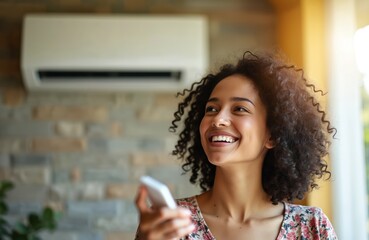 Smiling woman with remote control enjoys cool air from mini split conditioning system. Hot summer weather indoor comfort, modern climate control, efficient home temperature solution.