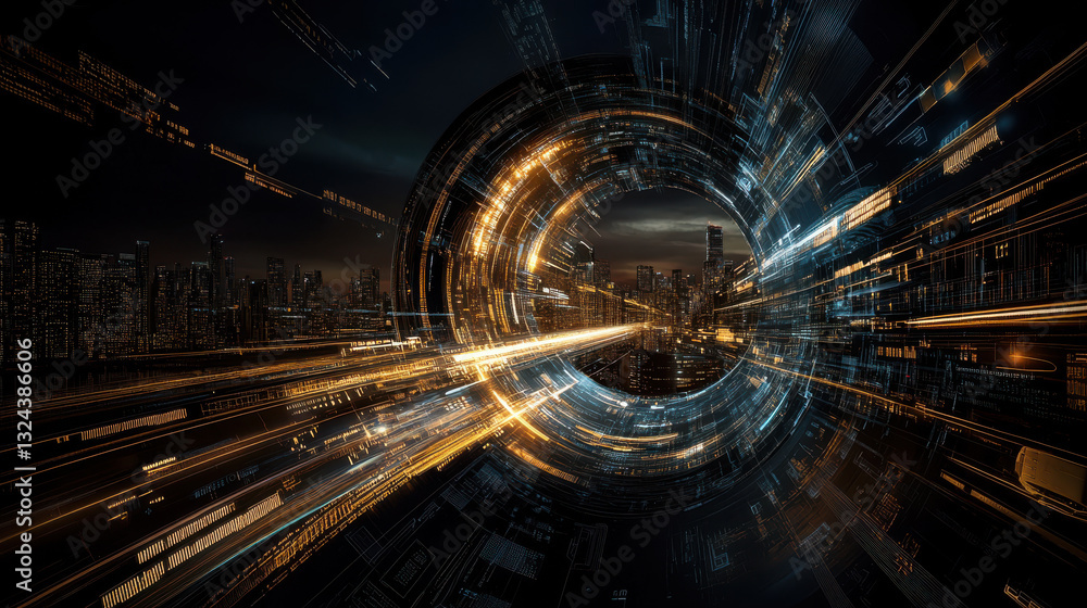 Futuristic cityscape with digital vortex and neon lights showcasing urban technology