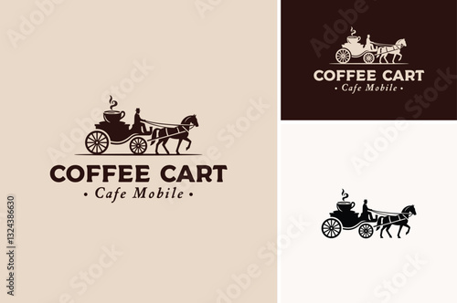 Coffee Cup Mug Silhouette with Classic Horse Drawn Pulling Carriage Coach or Hansom Cab Cart for Cafe Mobile Delivery Vintage logo design
