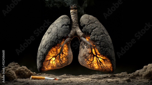 Artistic depiction of smoking effects on lungs with lit cigarette and dark background