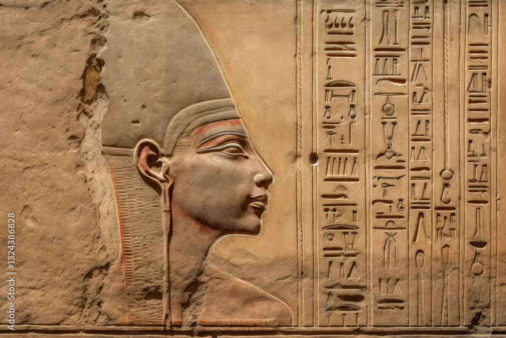 Ancient egyptian wall relief of pharaoh with hieroglyphs in historic temple setting