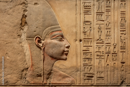 Obraz na płótnie Ancient egyptian wall relief of pharaoh with hieroglyphs in historic temple setting w salonie