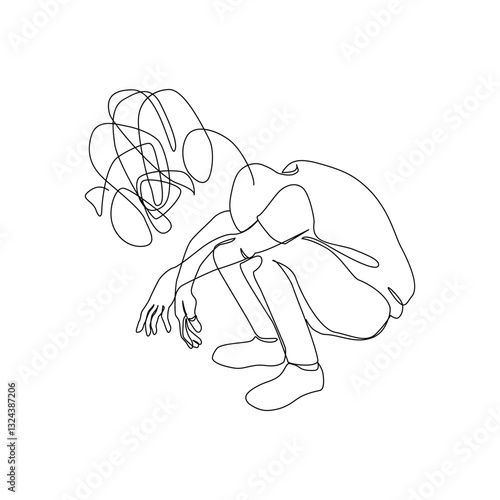 Abstract silhouette of depressed man suffering from psychological diseases, anxiety. Mental health problem concept. Minimal one line drawing art. Continuous line design vector graphic illustration