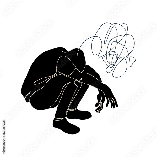 Abstract silhouette of depressed man suffering from psychological diseases, anxiety. Mental health problem concept. Minimal art design. Vector graphic illustration for healthcare, psychology logo