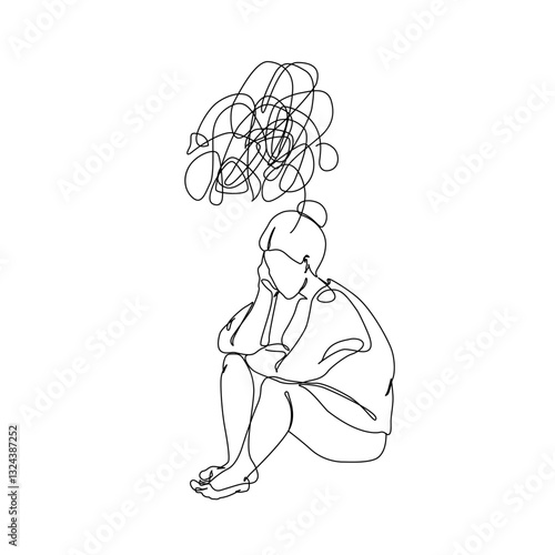 Abstract depressed young woman silhouette suffering from anxiety. Psychotherapy, Psychology concept for mental health problem, psychological diseases. Continuous line art vector graphic illustration