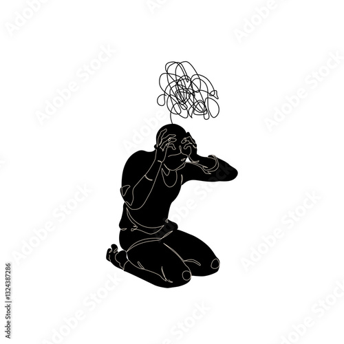 Abstract silhouette of depressed man suffering from psychological diseases, anxiety. Mental health problem concept. Minimal art design. Vector graphic illustration for healthcare, psychology logo