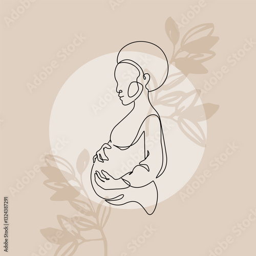 Pregnant African American woman silhouette on floral background. Pregnancy one line art. Abstract pregnant woman, maternal care, baby, mother, gynecology, health concept. Vector illustration