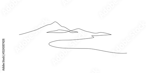 Abstract mountain range landscape, flat scenery background. Mountains doodle panoramic view. One line nature illustration. Vector outline art wallpaper for minimal poster, template, adventure tourism