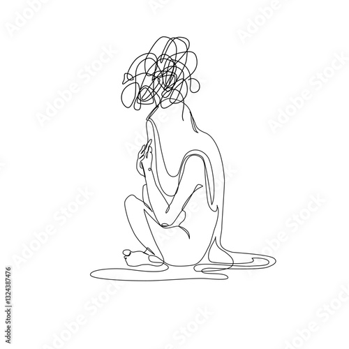 Unhappy woman feeling lonely, sad, Abstract depressed young girl silhouette suffering from anxiety. Mental health problem concept. Minimal one line drawing art. Continuous line vector illustration