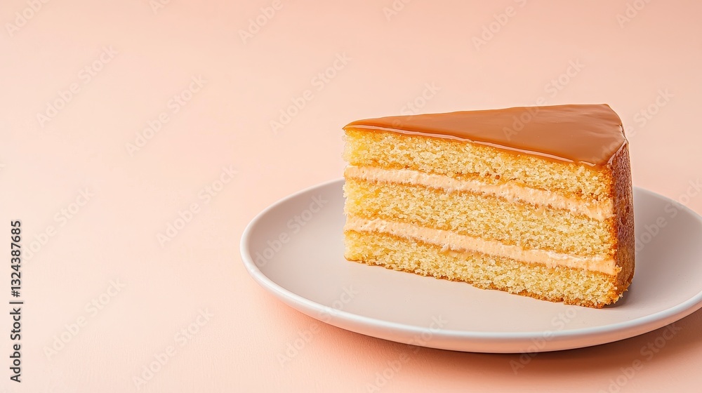Delicious Caramel Topped Layered Cake on Pale Pink Background Delicious Caramel Topped Layered Cake on Pale Pink Background