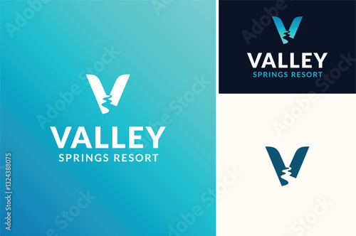 Letter V with a Gap of two Stones or Cliffs with Creek Stream River in between for Valley Springs Nature Landscape logo design