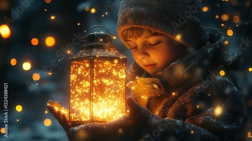Enchanting Glow A Child Holds a Lantern Filled with Twinkling Lights on a Winter's Night Scene