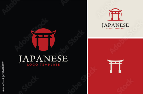 Oriental Japanese Gate Silhouette called Torii or Shrine, a Traditional Arch Columns Entrance Asian logo design
