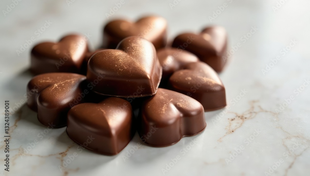 Bronze-finished heart-shaped chocolates on a marble table, bronze, sweet treats, refined Bronze-finished heart-shaped chocolates on a marble table, bronze, sweet treats, refined