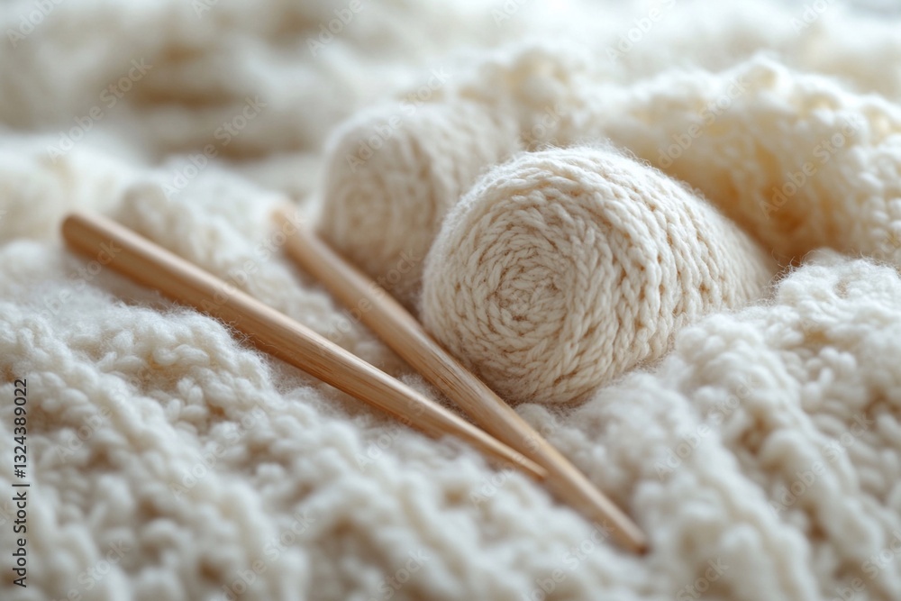 Knit wool yarn and bamboo needles on soft textured fabric in cozy indoor setting Knit wool yarn and bamboo needles on soft textured fabric in cozy indoor setting