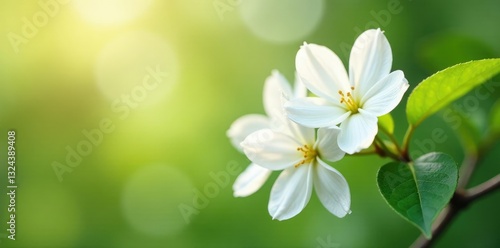 Fototapeta Naklejka Na Ścianę i Meble -  Delicate white jasmine flowers unfolding in sunlight, spring, white, flowers