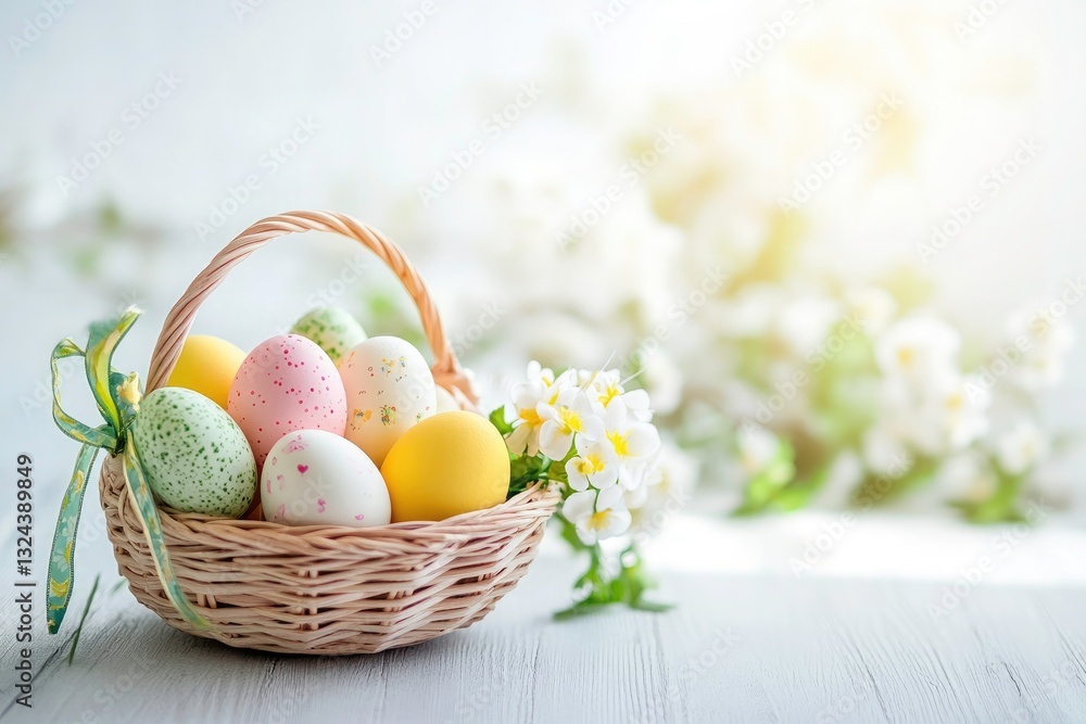 Easter Eggs in a Basket with Spring Flowers Easter Eggs in a Basket with Spring Flowers